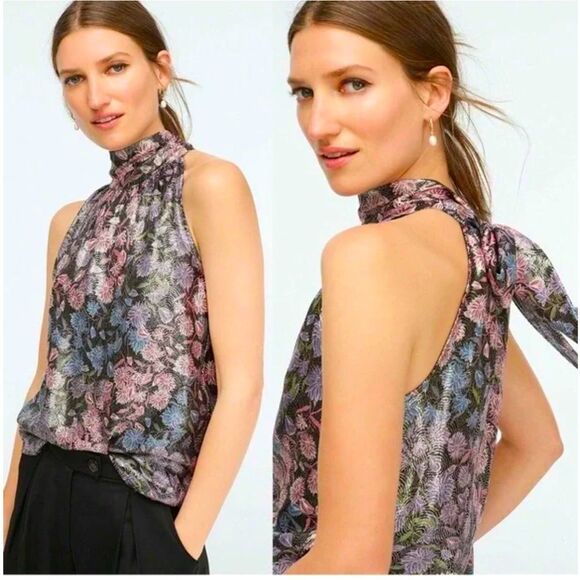 J Crew Reno Metallic Floral Jacquard Tie Neck Halter Top Small Party Holiday New - Picture 1 of 10